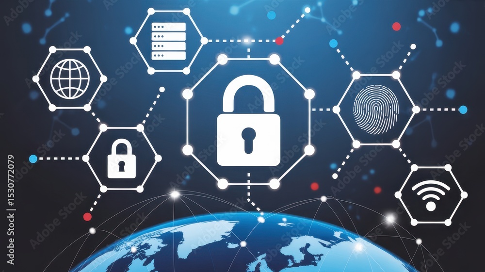 Poster global network security infographic showing interconnected data protection symbols.