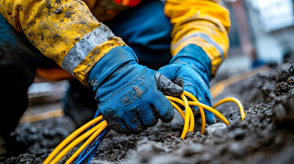 Fototapeta premium Close-up of a worker installing yellow electrical wires in muddy ground outdoors