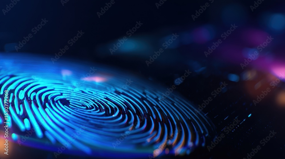 Poster abstract close-up of a colorful fingerprint pattern illuminated by vibrant lights and shadows