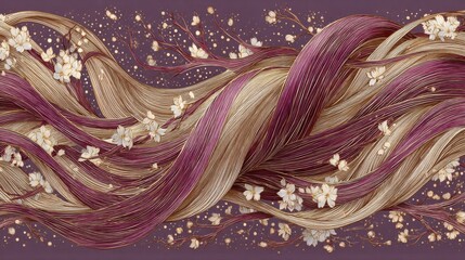 Flowing Hair with Delicate Flowers on Rich Purple Background