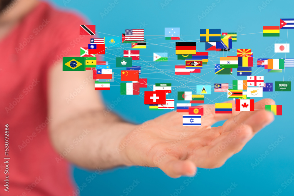Poster Image of a hand holding a network of interconnected flags representing global connections and international collaboration.