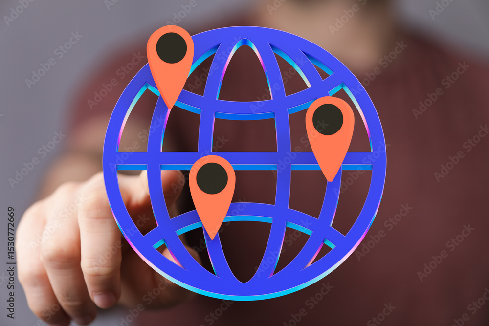 Poster Hand interacts with a 3D globe showing location markers, symbolizing global reach and connection.