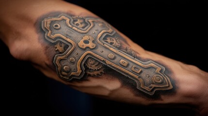 Intricate Mechanical Cross Tattoo Design on a Male Forearm