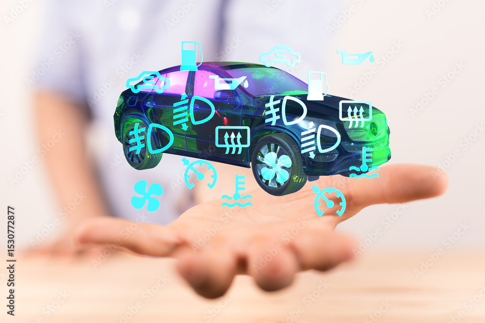 Poster person's hand displays a 3d car model with digital dashboard icons, representing auto diagnostics an