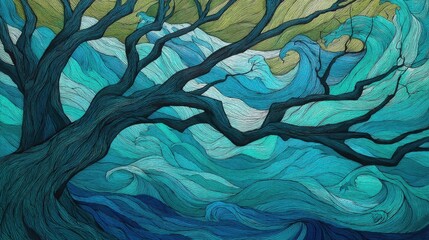Abstract Tree Waves Illustration in Shades of Blue and Green