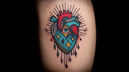 Colorful and Artistic Heart Tattoo with Eye and Decorative Elements