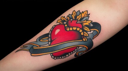 Heart Tattoo with Leaves and Ribbon Design on Human Skin