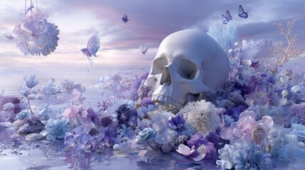 Ethereal Skull Surrounded by Delicate Floral Arrangement and Butterflies