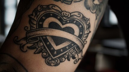 Intricate Black and Grey Heart Tattoo Design on Skin