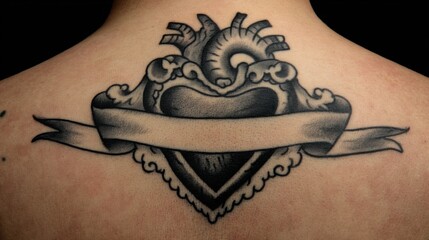 Vintage Heart Tattoo Design with Banner on Human Skin Back