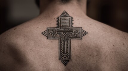Intricate Tribal Cross Tattoo Design on Bare Skin in Natural Light