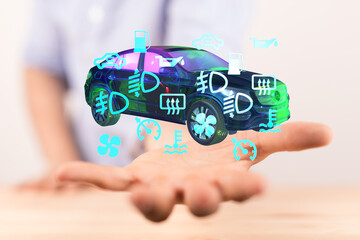 Person's hand displays a 3D car model with digital dashboard icons, representing auto diagnostics...