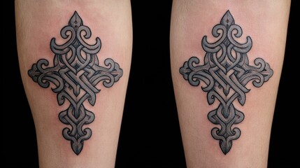 Intricate Black and Gray Cross Tattoo Design on Skin