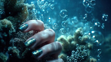 Glittering Nails Underwater Among Coral and Bubbles in Ocean