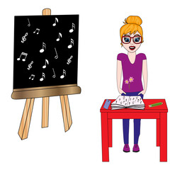 Profesora en el aula dando clases de música.