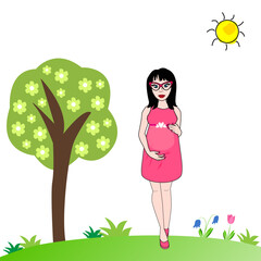 Paisaje de campo con mujer embarazada.