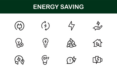 Energy Saving Icon Set Featuring Modern, Minimalist Designs Perfect for Sustainable Projects, Eco Apps, Renewable Energy Interfaces, and Green Technology Use