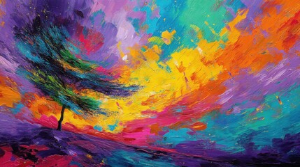 Vibrant Abstract Landscape with Tree and Colorful Brush Strokes