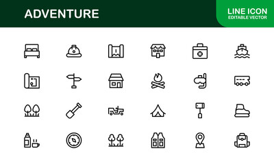 Explore the world with this dynamic Adventure icon set, featuring clean, versatile designs perfect for travel, exploration, and outdoor projects on stock platforms.