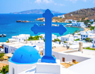 A blue cross stands prominently atop a traditional Greek church, overlooking a stunning seaside village with blue waters, white houses, and rolling hills under a clear sky.	