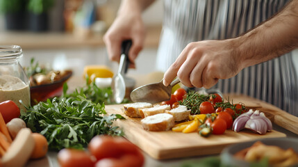 Naklejka premium A person spreads a creamy topping on toast surrounded by fresh vegetables and herbs on a wooden cutting board in a bright kitchen setting.