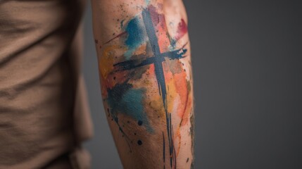 Colorful Abstract Tattoo Design on Male Arm Close-Up Photo
