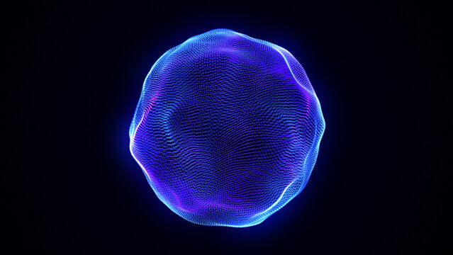 Neon futuristic 3d sphere, virtual reality, abstract technology concept. Vibrant particle liquid sphere. Purple and blue gradient technology sphere. Artificial Intelligence, big data. 