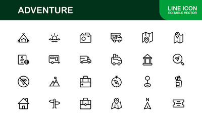 Explore the world with this dynamic Adventure icon set, featuring clean, versatile designs perfect for travel, exploration, and outdoor projects on stock platforms.