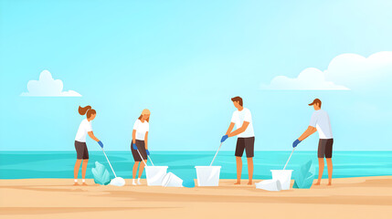 Four people wearing gloves cleaning a beach, collecting trash in bags and buckets against a clear sky and ocean backdrop.
