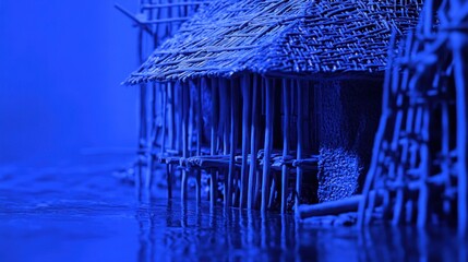 Blue miniature village huts on water, thatched roofs