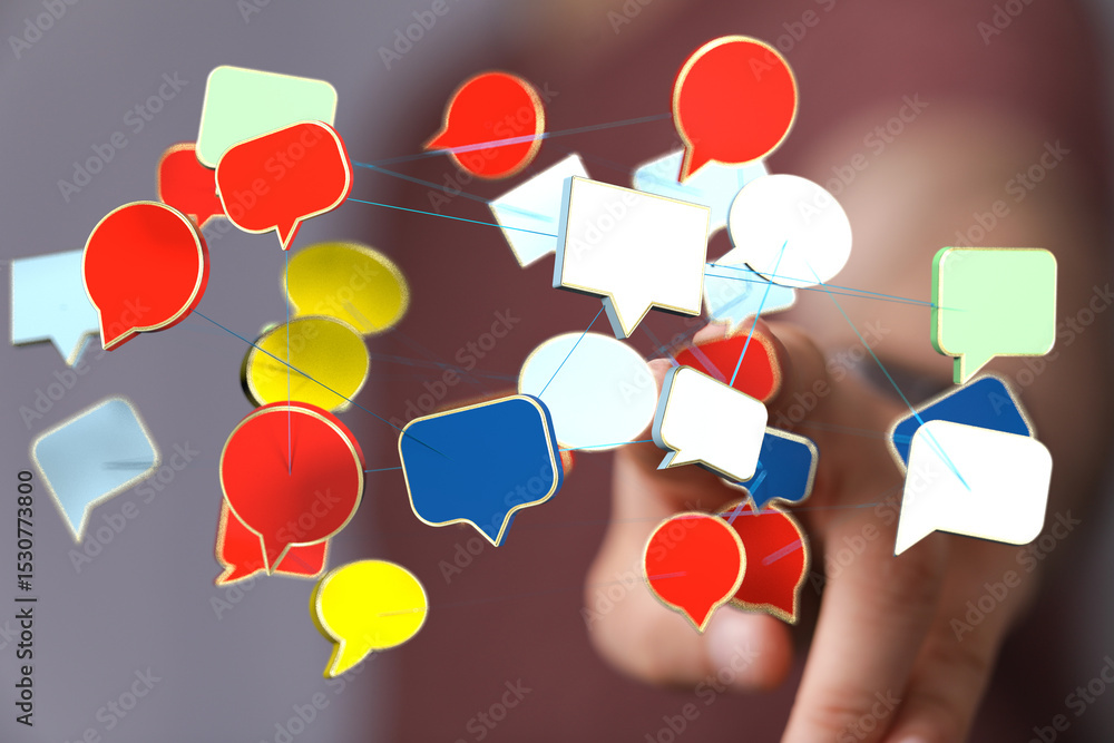 Poster Abstract image of interconnected speech bubbles, representing global communication and networking.