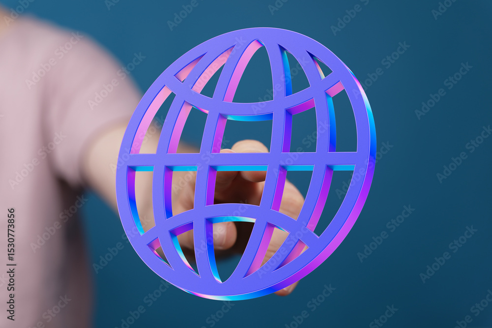 Aufkleber Abstract image of a hand reaching for a vibrant 3D globe, symbolizing global connectivity and networking.