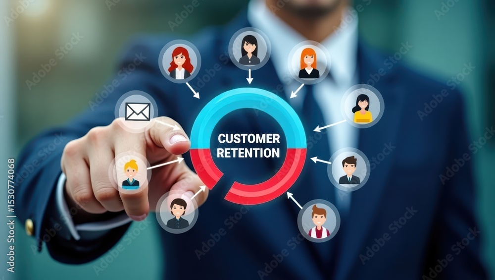 Poster customer retention strategy visualized with connected user profiles.