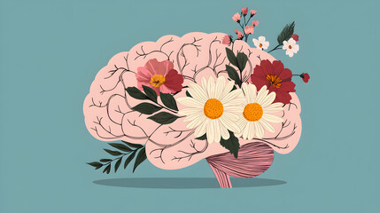 A human brain illustration with various flowers blooming from it, symbolizing growth, creativity, and mental health.