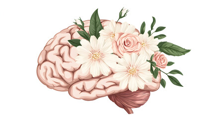 A detailed illustration of a human brain with blooming white and pink flowers and green leaves intertwined, symbolizing growth and mental wellness.