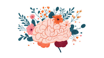 Illustration of a human brain surrounded by colorful flowers and leaves, symbolizing creativity, growth, and mental well-being.