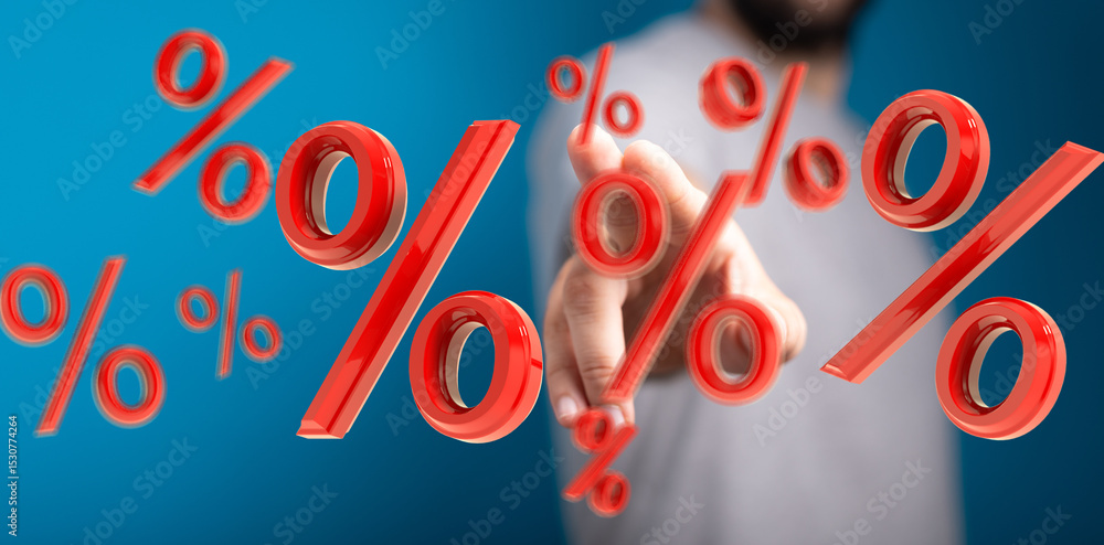 Poster 3d rendering of a hand interacting with percentage symbols. perfect for finance, sales, discount con