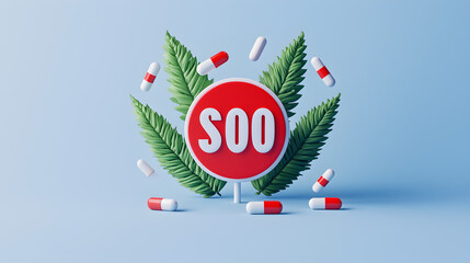 A red stop sign surrounded by green leaves and scattered red-and-white capsules on a light blue background.