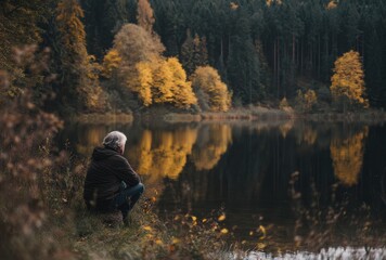 Serene Autumn Lake Reflection Person Contemplating Golden Trees
