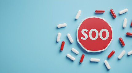 A red octagonal stop sign surrounded by scattered red and white capsules on a light blue background.