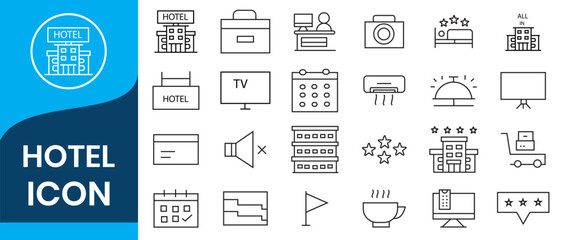 Hotel icons set. Rental property isolated icons. Set of apartment reservation, hotel booking, rent hostel room, airport shuttle, room area, flat rent, five-star hotel, service line vector web icon