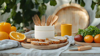 A rustic kitchen setup featuring sliced bread, fresh oranges, wooden utensils, and vibrant vegetables on a linen-covered table with greenery in the background.