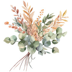 Eucalyptus and autumn leaf bouquet, watercolor design for invitation card, greeting card, wedding, holiday and birthday, summer background, vector illustration, boho flowers, cutout. © aura studio