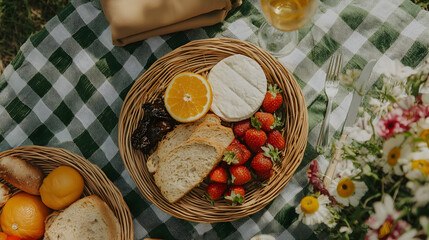 A picnic setup featuring a wicker basket with bread, strawberries, an orange half, and other snacks on a green and white checkered blanket with flowers nearby.