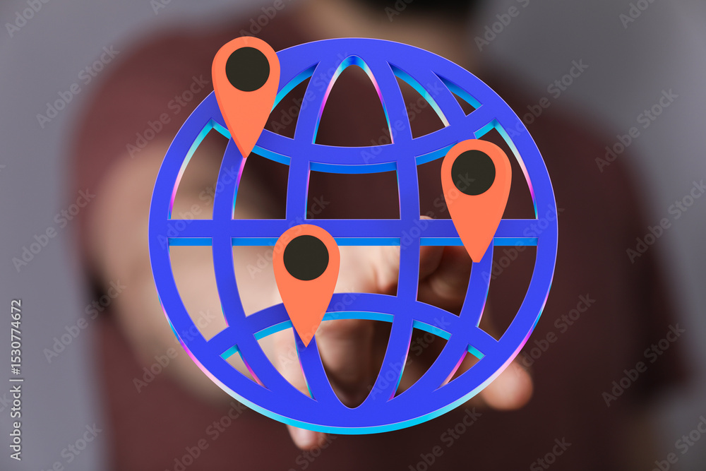 Aufkleber Person interacting with a 3D globe showing multiple location pins.  Represents global reach, connectivity, and networking.
