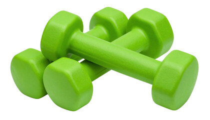 Two bright green hexagonal dumbbells arranged in a crossed position.