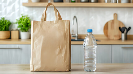 A brown paper shopping bag and a clear plastic water bottle sit on a kitchen counter with blurred plants and utensils in the background.