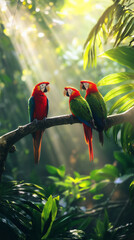 Three colorful parrots perched on a branch in tropical rainforest   © Natanejro