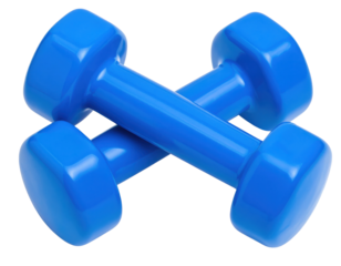A pair of blue plastic-coated dumbbells arranged in a cross formation, used for weight training and fitness exercises.