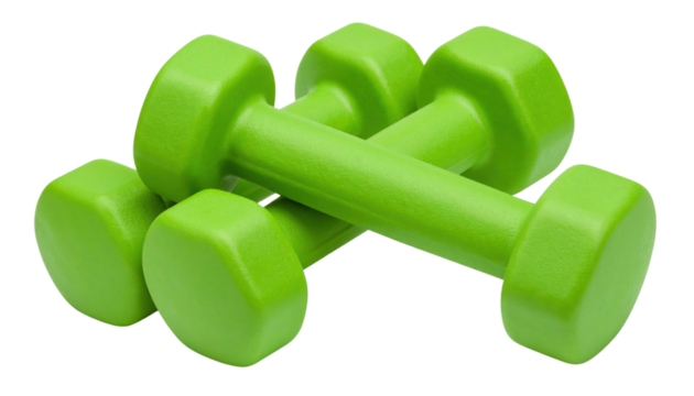 Two bright green hexagonal dumbbells arranged in a crossed position.